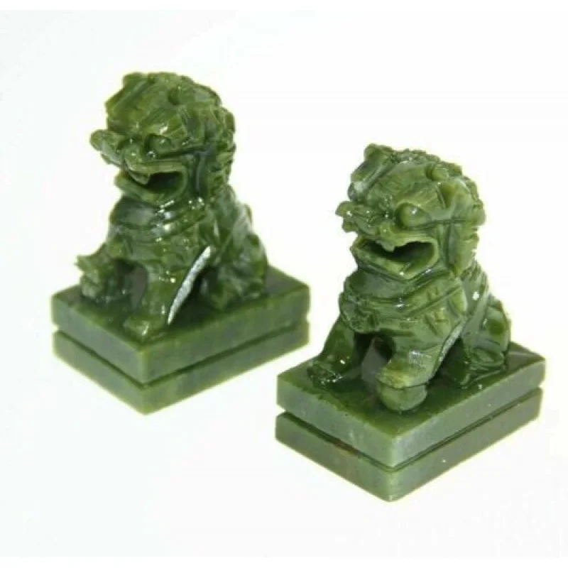 Una Coppia Natural China Green Jade Intagliato Fengshui Foo Fu Dog Guard Door Lion