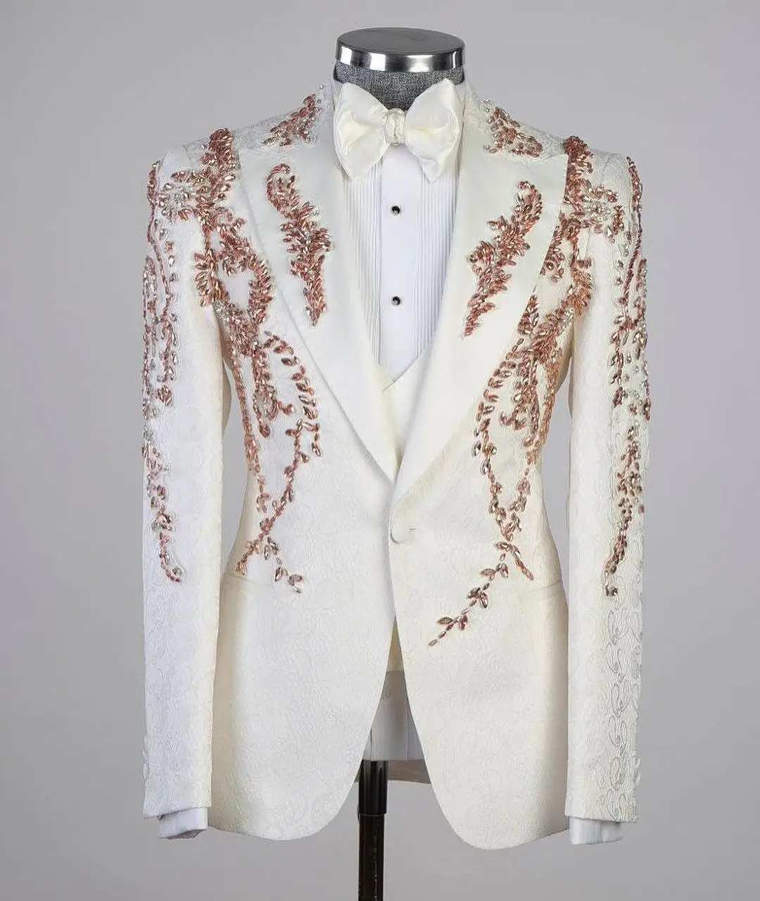 

Jacquard 2 Pieces Blazer Vest Men Suits Tuxedo Appliques One Button Peaked Lapel Formal Appliques Party Groom for Prom