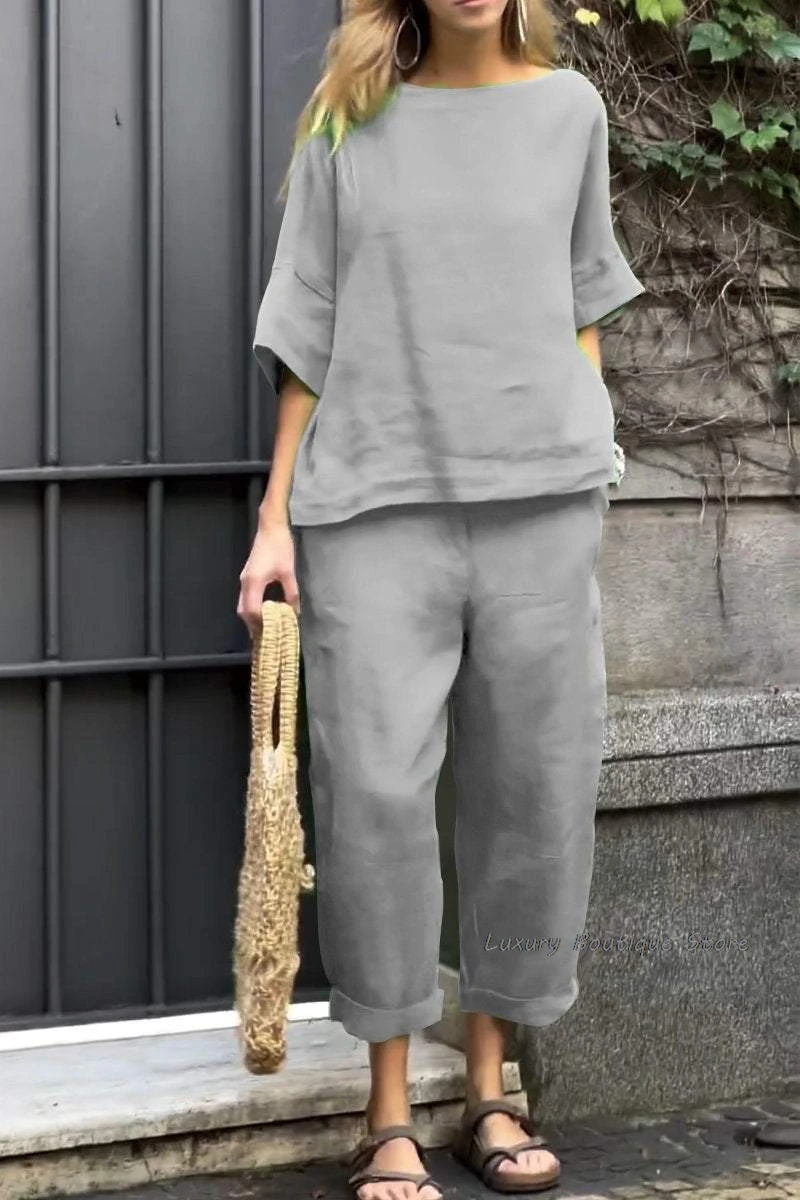 Half Sleeve Round Neck Summer T-shirts + Loose Long Trouser 2 Piece Set Women Outfits Pocket Loose Cotton Linen Summer Pant Sets