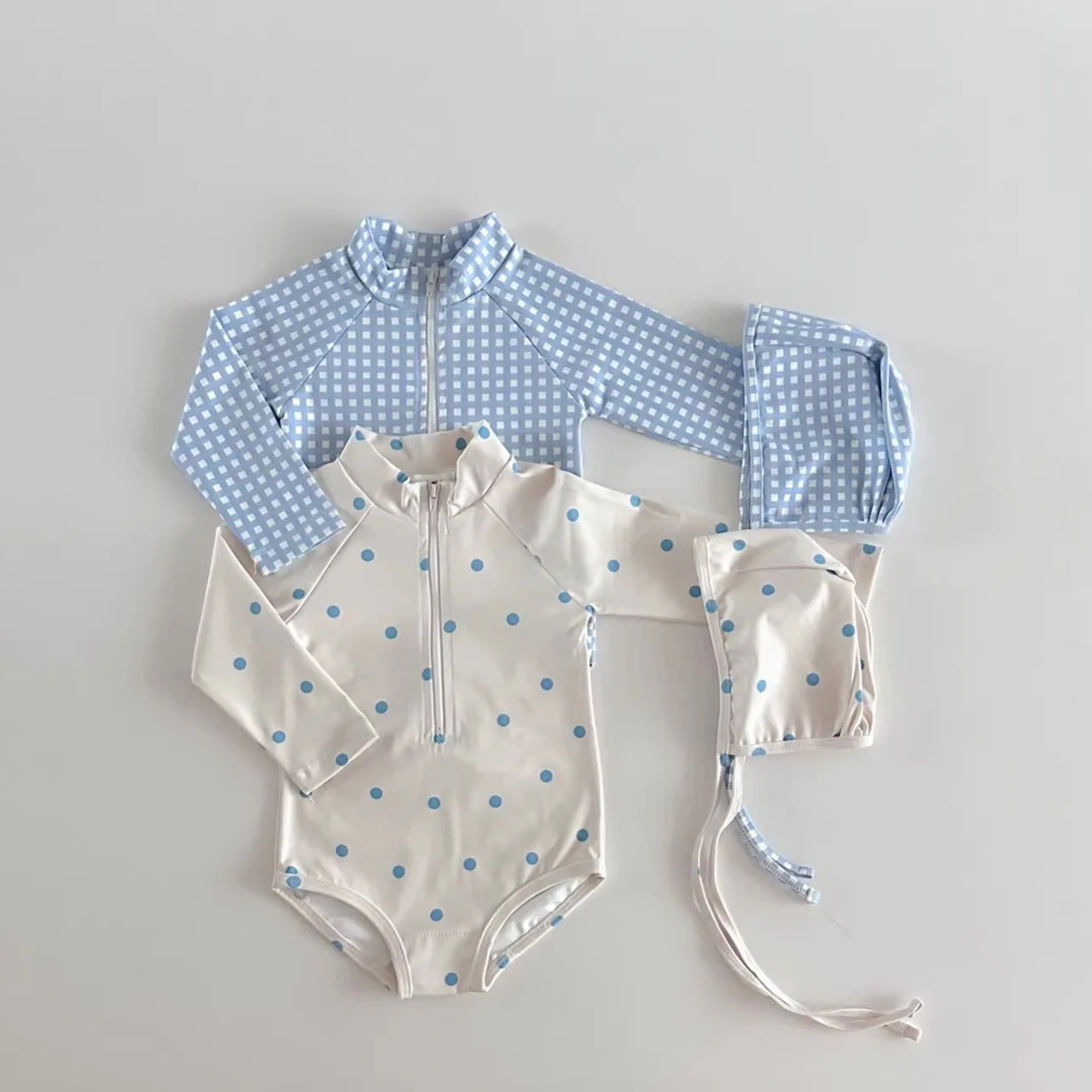 5428 Korean Baby Swimsuit 2025 Spring Summer New Boys and Girls Cute Printed Checkered Polka-dot Sun-proof One-piece Swimsuit