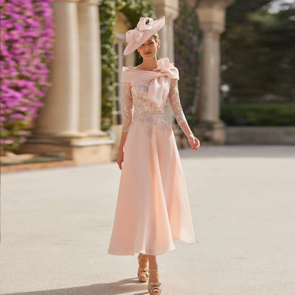 

Elegant Mother of the Bride Dresses Jewel Neck 3/4 Sleeves Wedding Party Gowns Appliques Ankle Length A-Line فساتين السهرة