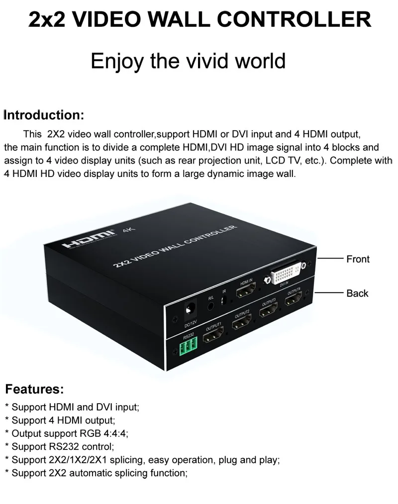 4K 2x2 Video Wall Controller Multi Monitors Splicing Processor 1080P 1x2 1x3 1x4