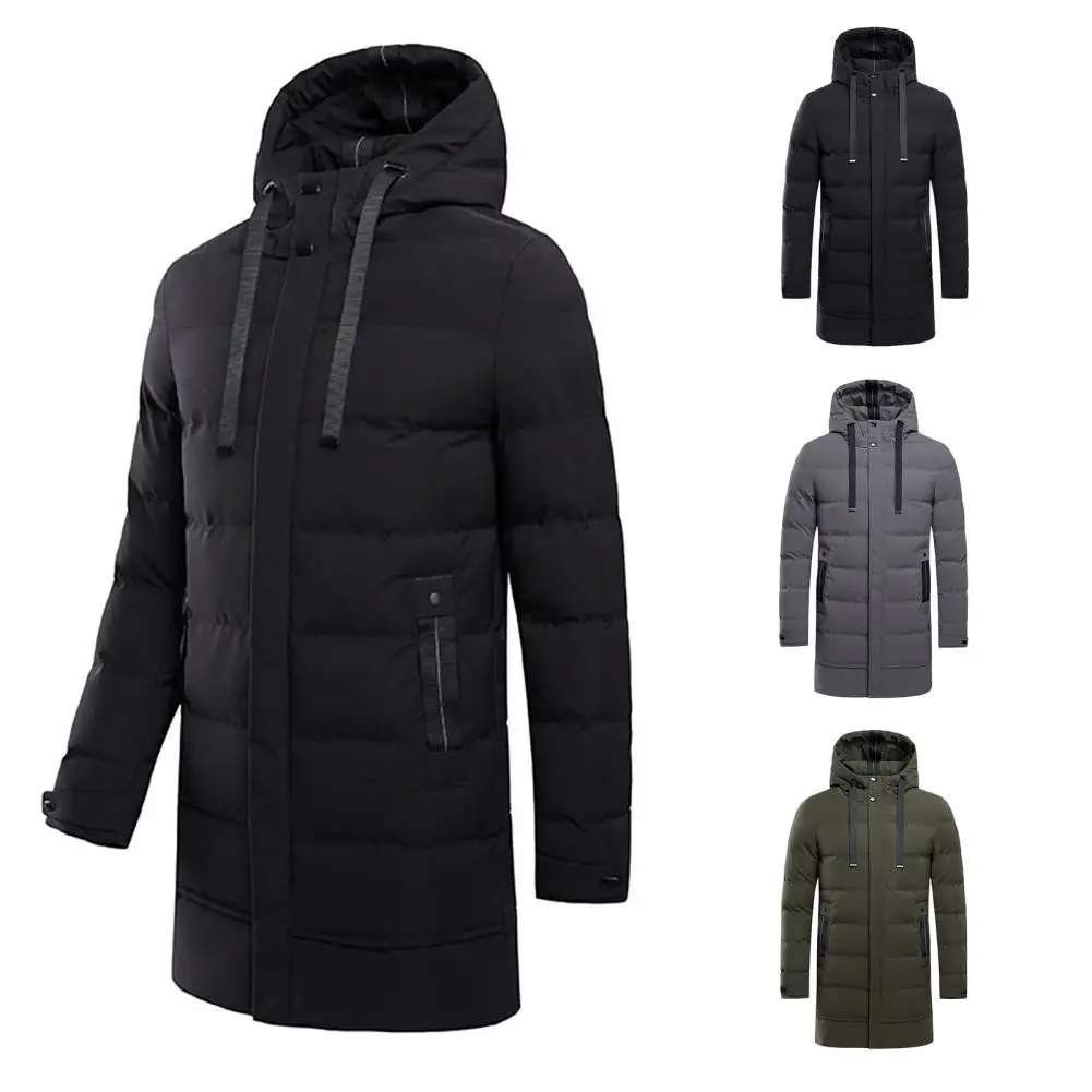 

Autumn Winter Men Jacket Cotton Padded Hooded Long Sleeve Drawstring Mid-length Windbreaker Zipper Pockets Outerwear