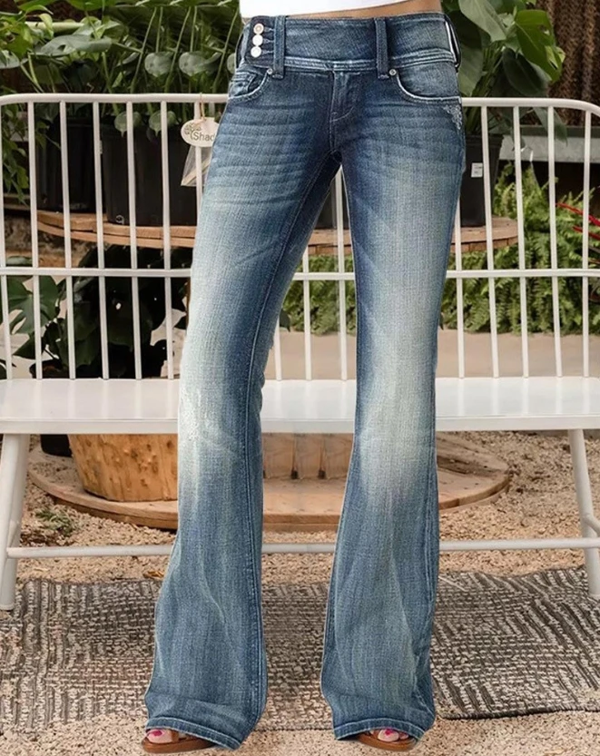 Retro New Design Button Side Design Wide Leg Waist Tight Fit Street Pretty Women's Jeans