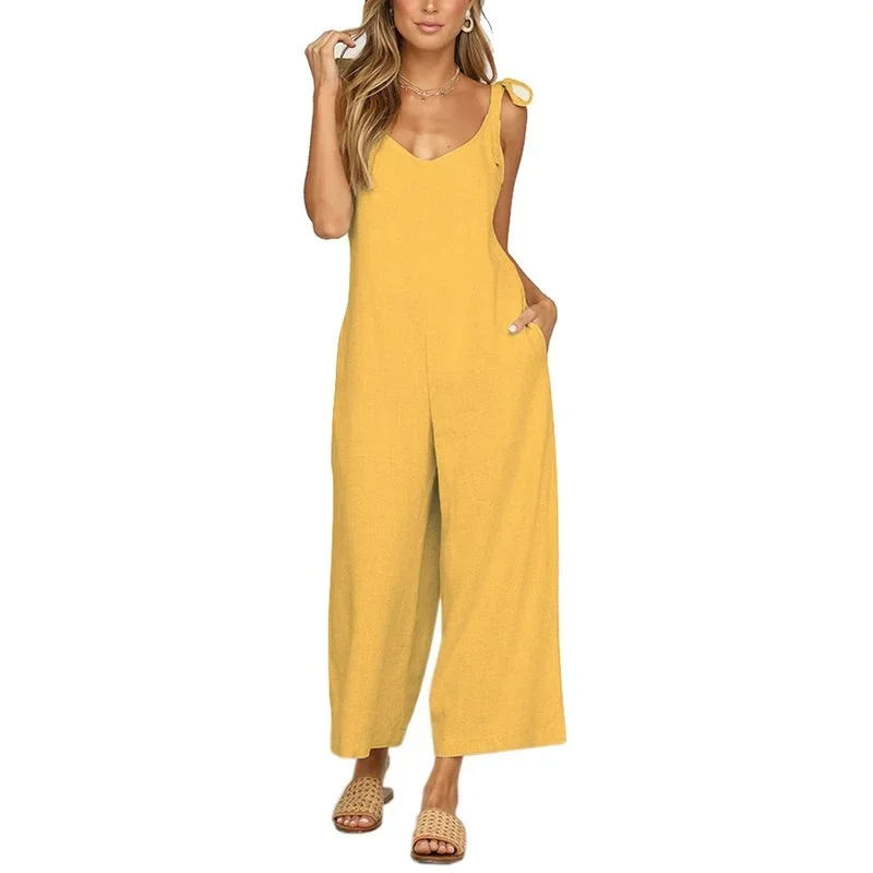 2021 Solid Color Pockets Wide Leg Pants Jumpsuits Women Summer  New Casual Bow Sling Loose Rompers One Piece Outfit Boho Female