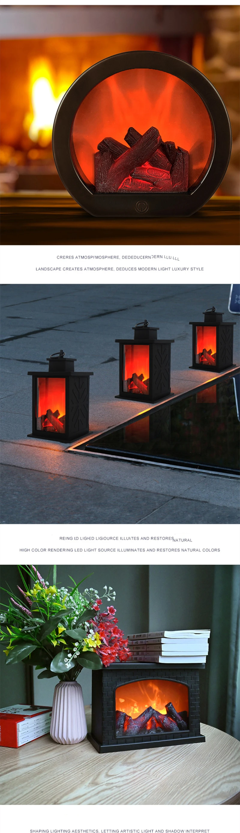 New LED Fireplace Lantern Simulation Flame Night Lights USB Battery Powered  Creative Charcoal Lamp For Winter Day Home Decor