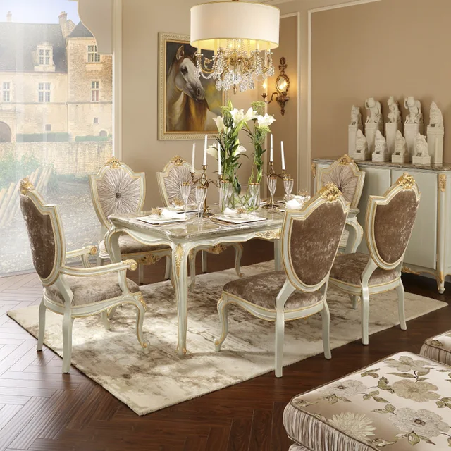 European Carved Solid Wood Dining Set: Luxury Villa Furniture