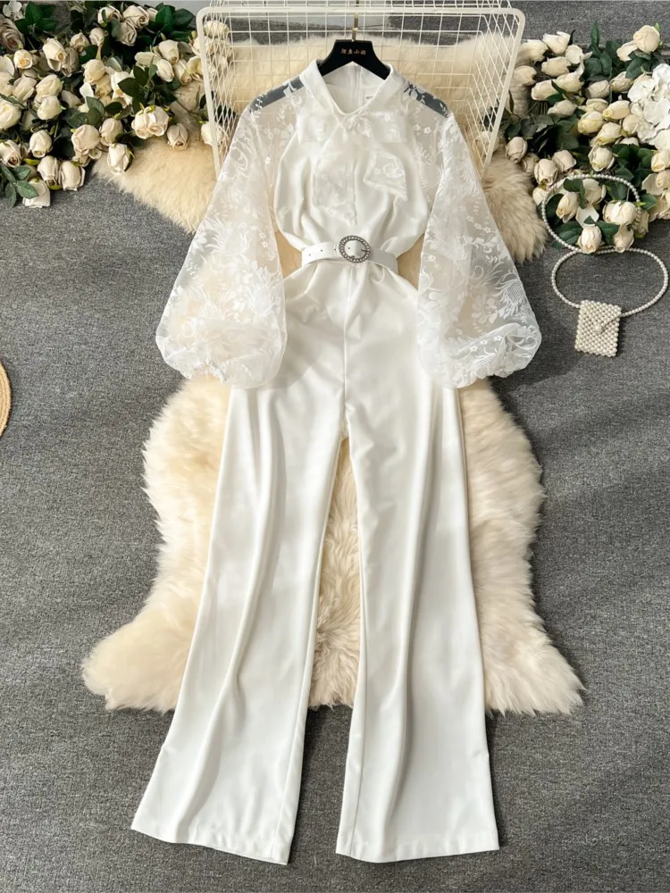 

Women Elegant Wide Legs Jumpsuit With Belt 2024 Spring New Fashion Patchwork Lantern Sleeve White Rompers High Waist Clothes