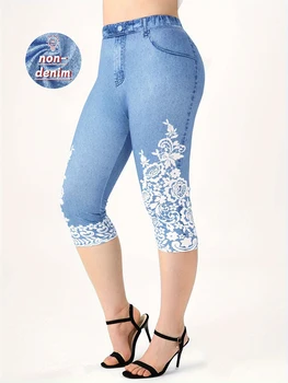 Plus Size Women's Imitation Denim Printed Tight Capri High Elasticity Knitted fashion Casual Leggings