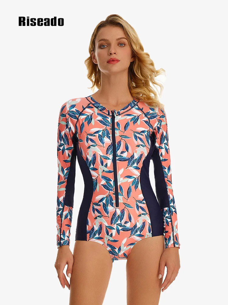 Rashguard Women Leaf Print One Piece Swimsuits Long Sleeved Swimwear