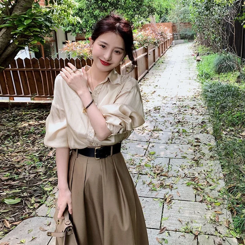 Elegant Short Skirt Set Ol Office Lady Chic Beige Shirt Top Romantic Khaki Short Skirt Women's Clothes Two-piece Suit 2023 suyadream women blazer notched collar single breasted office lady blazers 2023 fall winter chic jackets khaki black