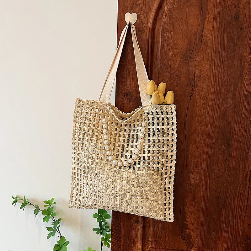 Crochet Tote Bag for Women Mesh Knit Shoulder Bag Large Capacity Handbag Solid Color Hobo Bag for Travel Vacation