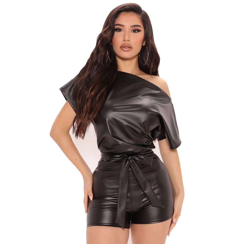 Sexy Slanted Shoulders Romper for Women Solid Leather Short Sleeves Skinny Playsuits Summer PU Overalls Female Badysuit Clothes