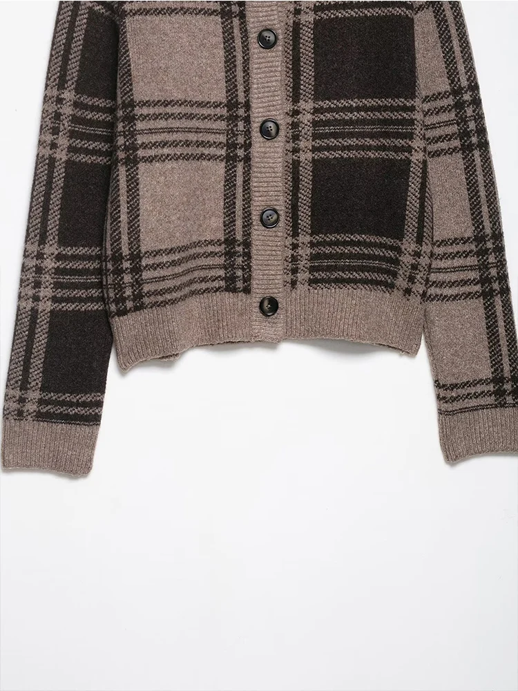 2025 Women Fashion Knitted Cardigans Long Sleeve Button Checkered Print O-Neck Sweater Cardigan Autumn Winter New Outerwear ﻿