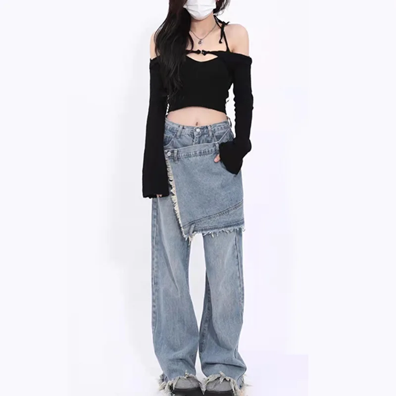 

Jeans Womens Loose New High Street Straight Leg Wide Leg Long Pants Fake Two Pieces