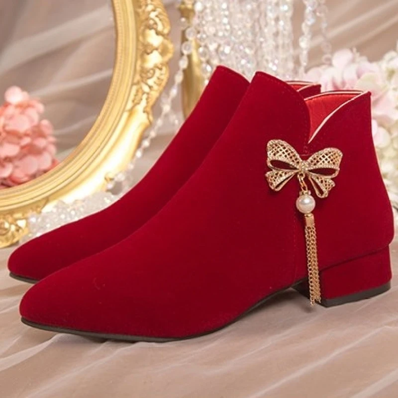 NEW Boots Flat Platform Women's Low Shoes Zipper Winter Footwear Clogs Ankle High Heel Pointy Rubber Red Ladies 2024 Pointed Toe