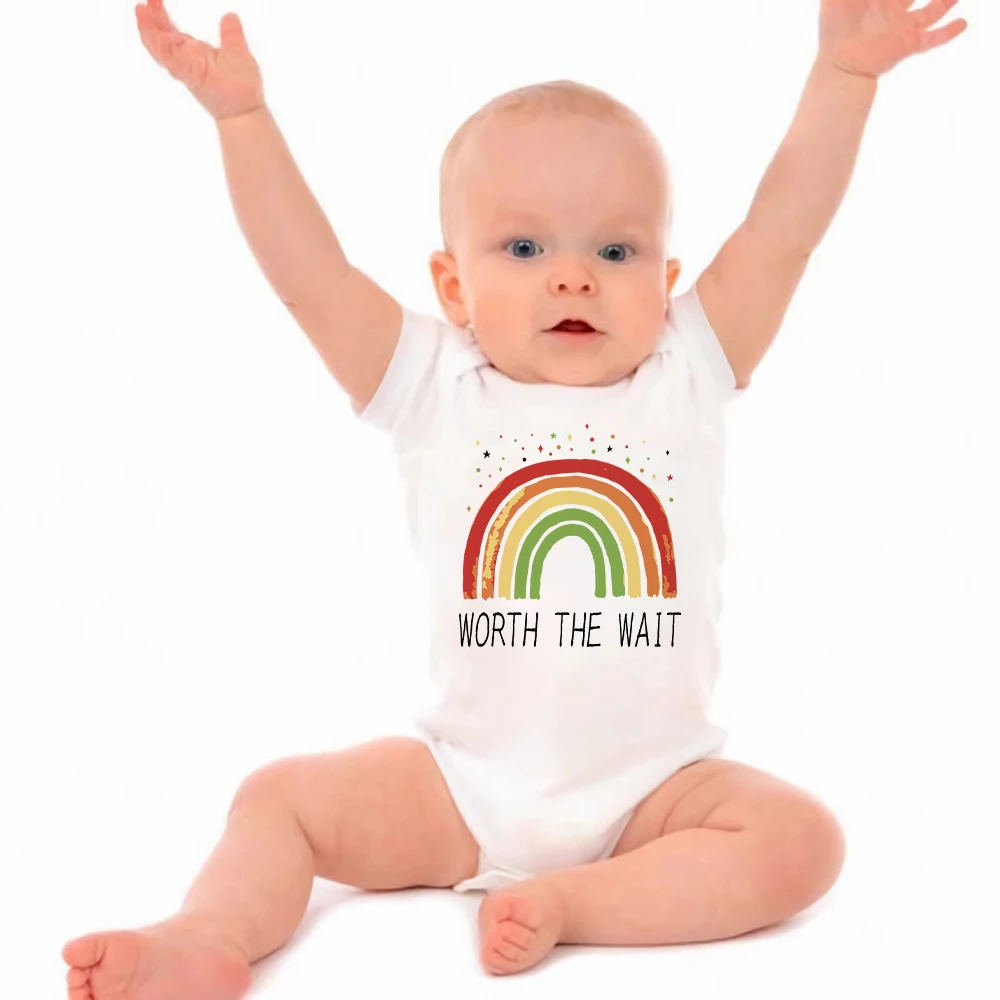

WORTH THE WAIT Baby Boys Girls Bodysuit Cartoon Rainbow Print Cotton Summer Soft Fabric Romper White Newborn Jumpsuit0-24M
