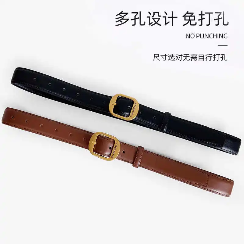 Vintage British Style Gold Buckle Thin Leather Belt for Women, Simple and Fashionable, Compatible with Dresses, Pencil Skirts, a