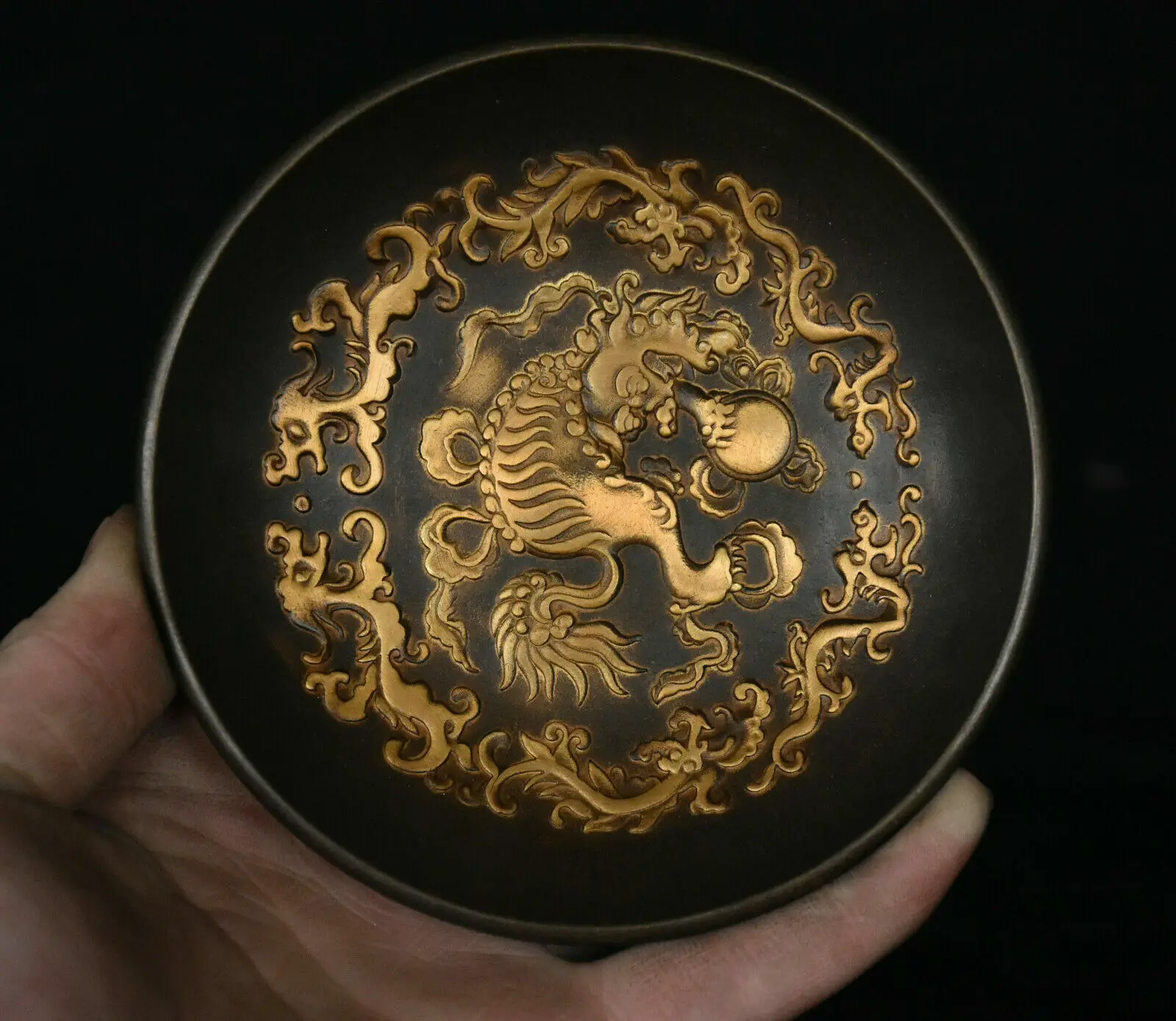 

China Bronze Animal Lion Beast Dragon Plate Dish Circular tray Fruit Tray Statue