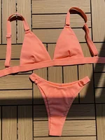 Ribbed Triangle High Cut Bikini Women Swimsuit Female Thong Swimwear Two Pieces Bikini Set Rings Bather Bathing Suit Swim Lady