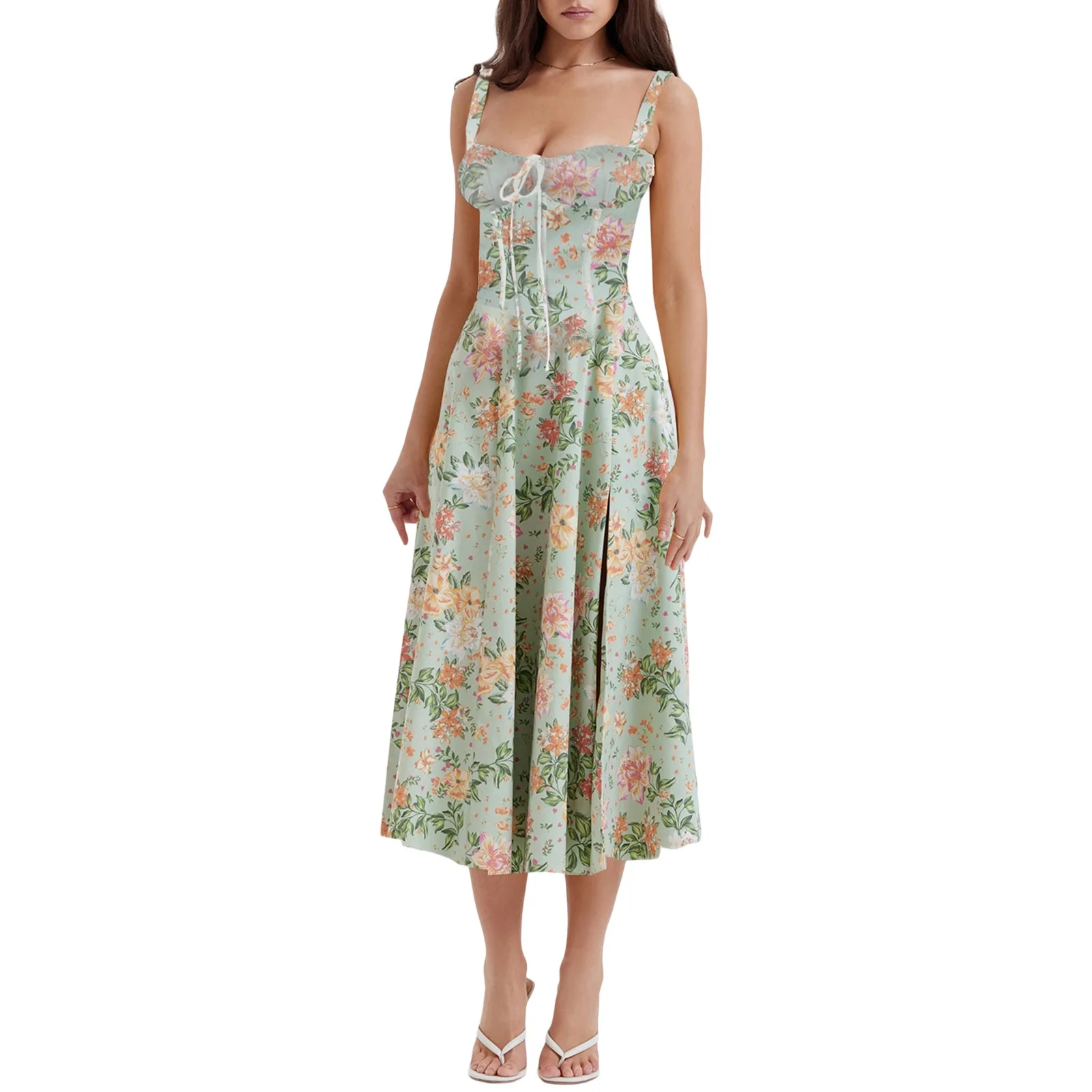 

2023 Vintage Print French Sweet Lace Up Tee Length Dress