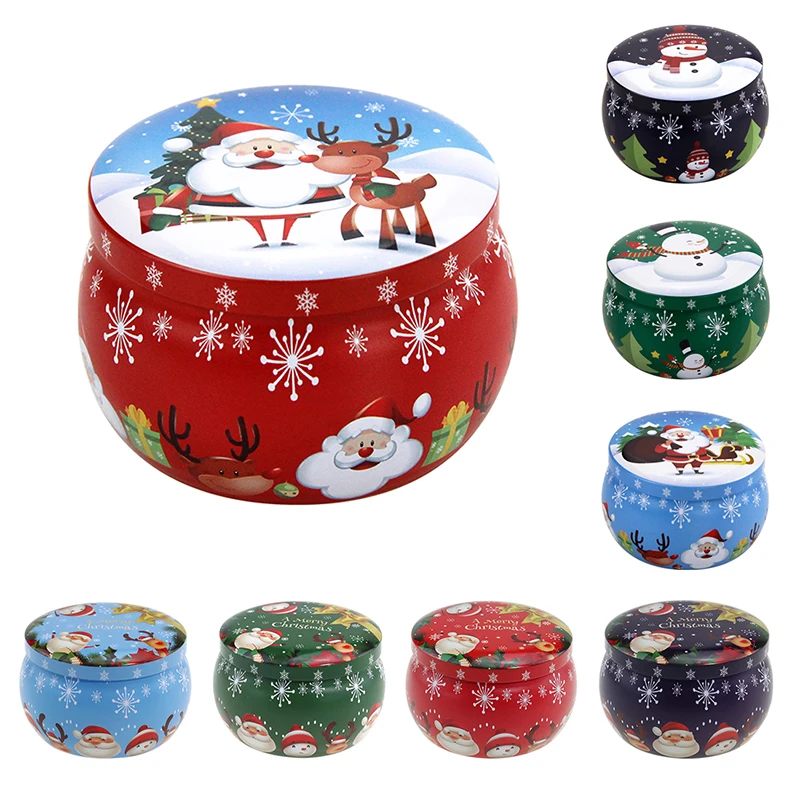 

1pc Christmas Aromatherapy Candle Jar Gift Box Candy Scented Tinplate Drum Shaped Metal Tin Can Ornament Party Candy Jar 4*6cm