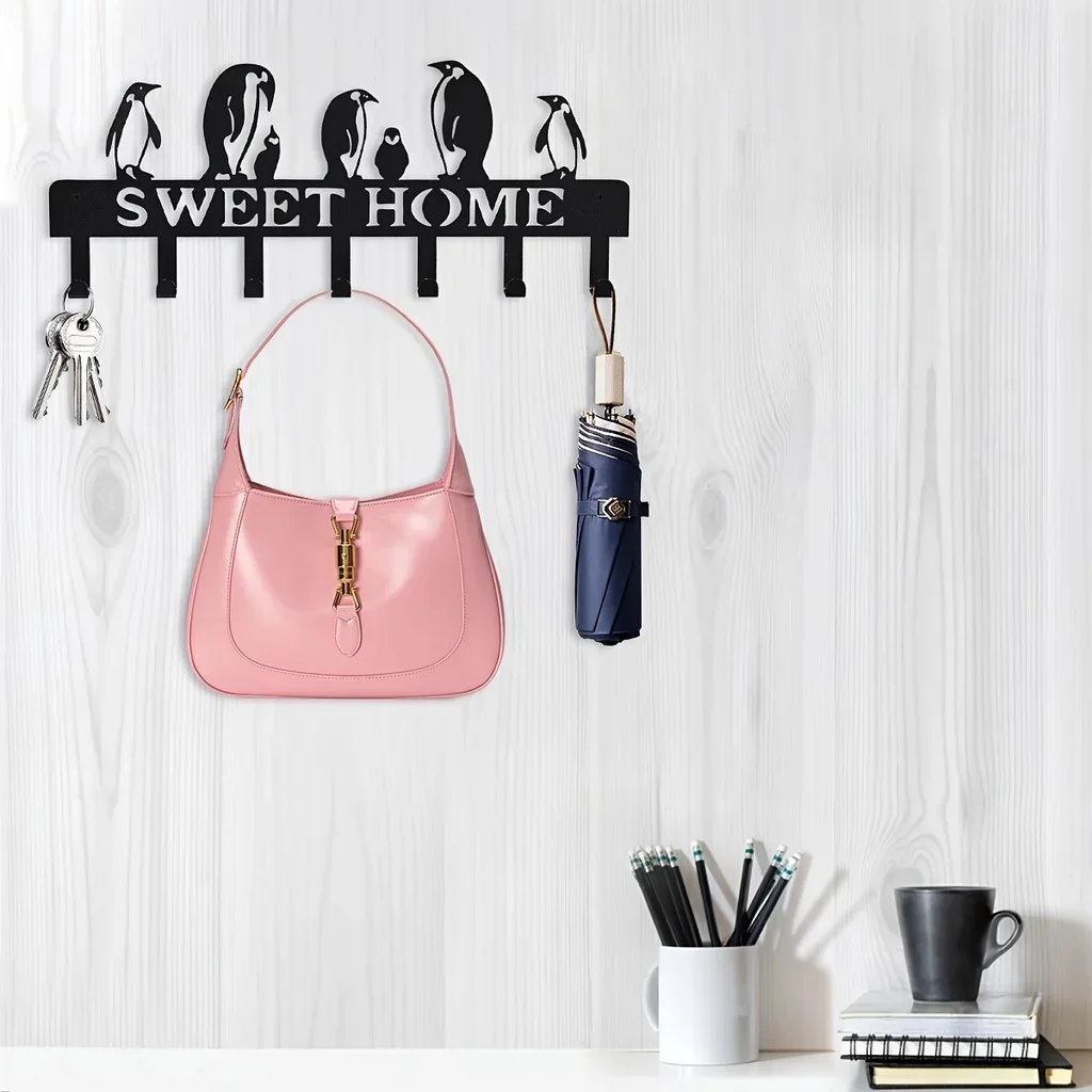 

1pc Creative Penguin Hook Keychain Balcony Wall Mounted Black Coat Rack Doorway Key Hanger Style Homes Iron Coat Umbrella Holder