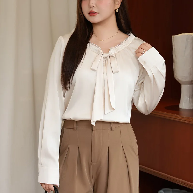 Plus Size Women Shirt Premium high-end Lace V-neck Bow Bandage Long Sleeve Satin Blouses Elegant Stylish Commuter Autumn 2025
