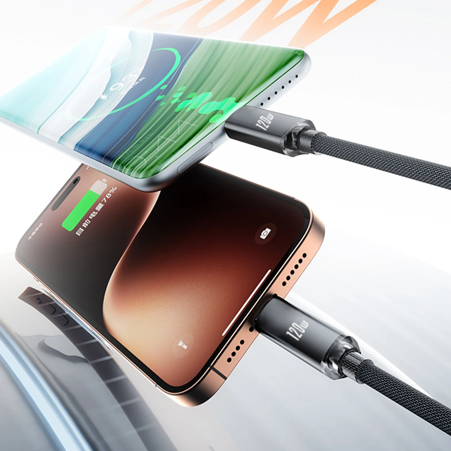 High-Power USB-C Fast Charge Spring Cable with Telescopic Car Charger