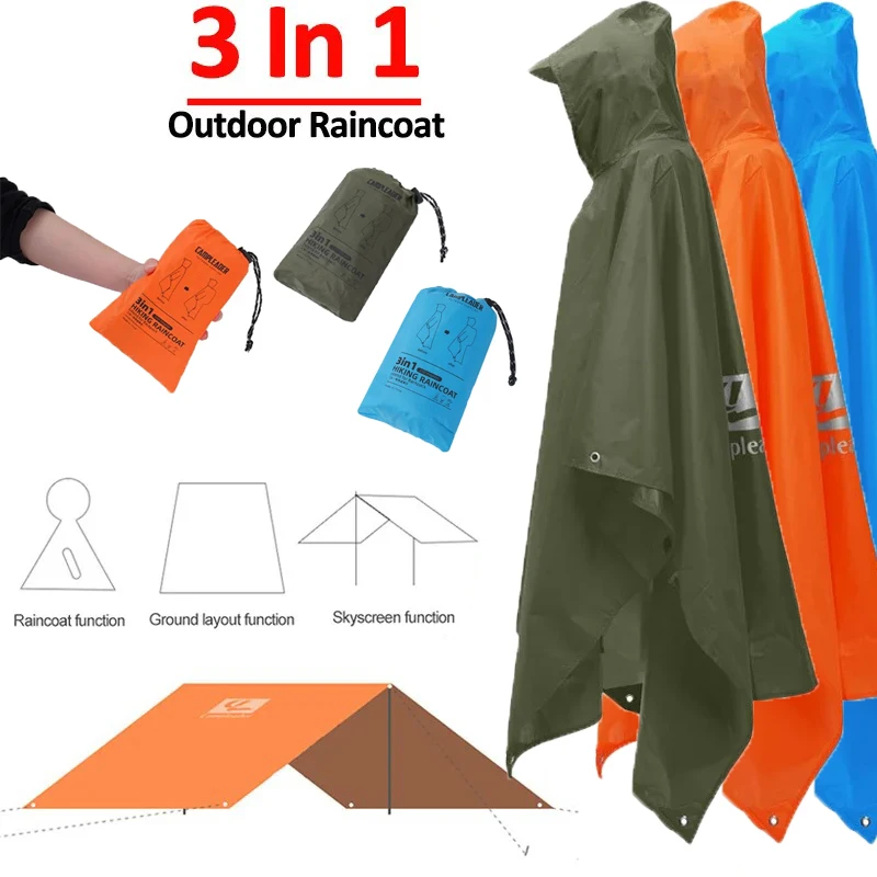 Rainwear Outdoor 3 In 1 Hooded Sleeve Long Waterproof Rain Poncho Motorcycle Rain Cover Camping Hiking Travel Tent