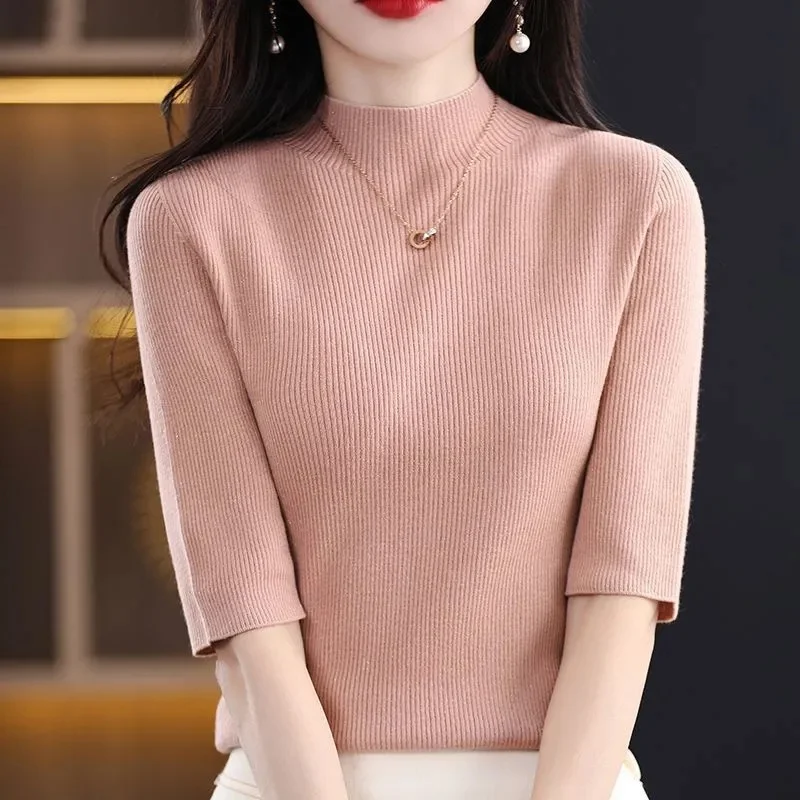 

2023 HOT Spring Summer Womens Sweater Turtleneck Short Sleeve Slim Fit Knitted Pullovers Bottoming Casual Knitwear Camel Clothes