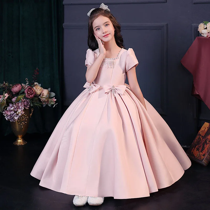 

2023 Piano Playing Dress for Girls Kids Flower Girl Dresses for Weddings Children Pink Beading Ball Gown Infants Gala Costume