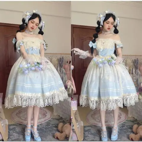 

Lolita Costumes Japanese Original Design Skirt Ballet Rabbit Fish Bone Jsk Gradient Print Elegant And Gorgeous Strap Dress