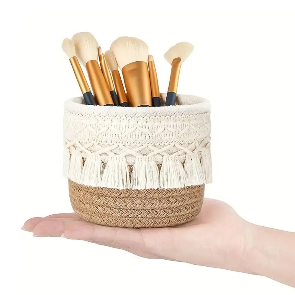 Tassels Desktop Storage Basket White Coffee Weaving Sundries Organizer Basket Photo Props Round Snacks Box Home Decoration
