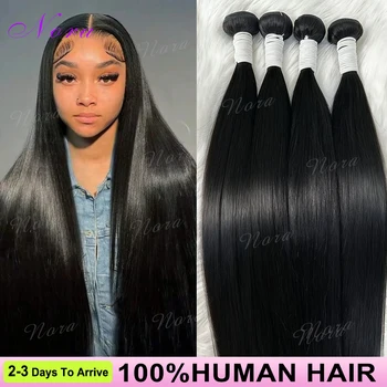 40 50 Inch Bone Straight Weave Human Hair Bundles Raw Hair Extensions Brazilian Natural Black 3 4 Bundle Deals Unprocessed 1