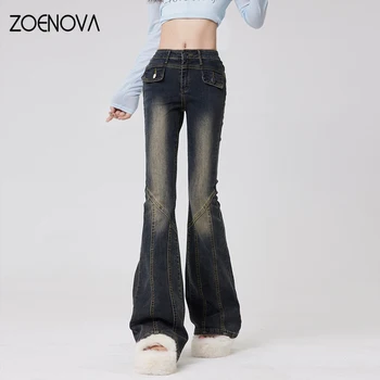 ZOENOVA 용수철 부드러운 코튼 청바지, 여성 패션 걸 스트리트 Y2K 플레어 팬츠, 가을 레트로 탄성 바닥 걸레질 바지, 신제품