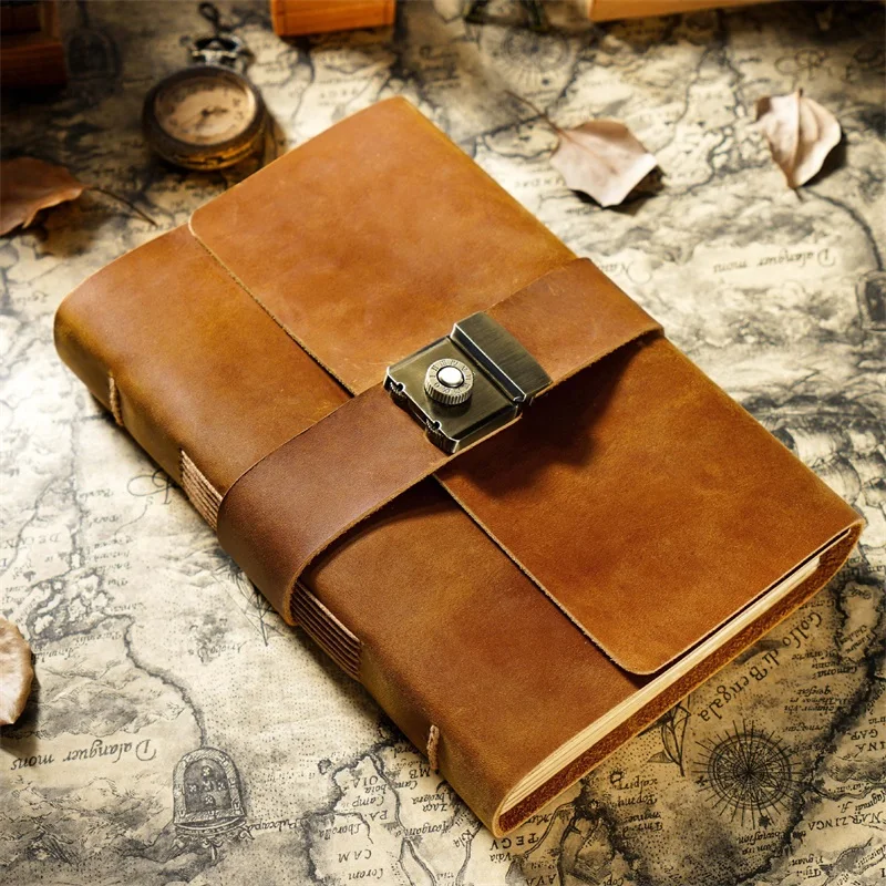 A5 A7 Password Journal Cowhide Genuine Leather Cover  Blank Paper Thick Note Book Metal Lock Planner Handmade Retro Notebooks