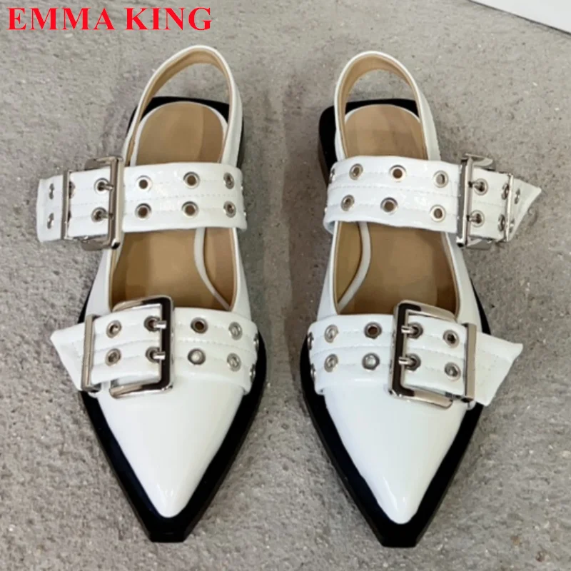 2023 New Summer Women's Flat Shoes Punk Metal Buckle Strap Casual Pointed Toe Shoes Back Strap Mules Design Sandals Ladies Shoes