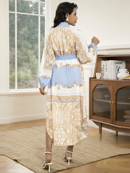 Elegant Women's Long-Sleeve Dress with Belt - Chic Geometric Print, High-Quality Polyester, Perfect for All Seasons 2