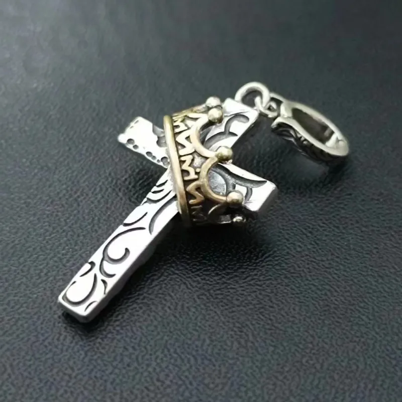 BOCAI new S925 Silver Fashion Tang Grass Pattern Design Crown Cross Pendant for Men and Women Hip Hop Contrast Color Jewelry