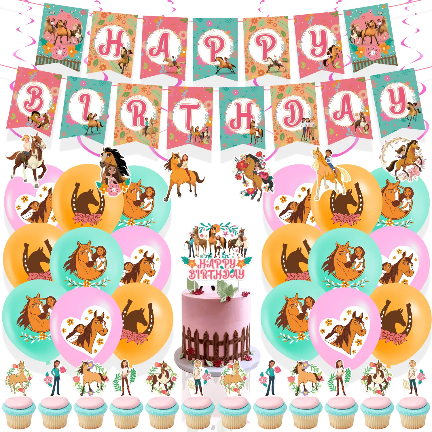 Spirit-Stallion Of The Cimarron Party Decoration Paper Banner Cake Topper Balloon For Kids Horse Birthday Party Decor Supplies