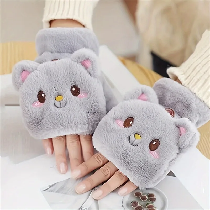 Women Plush Warm Glove Fur Lovely Rabbit Cat Mittens Flip Fingerless Gloves Soft Girls Thick Gloves Flexible Half Finger Winter