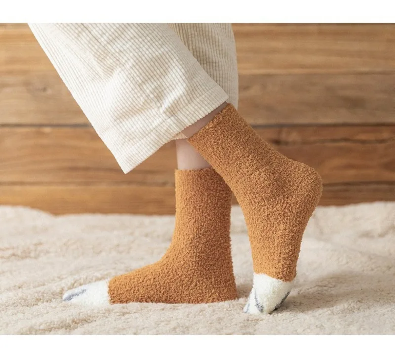 Damen Winter Warme Flauschige Socken Niedliche Tierpfoten-Katzenpfoten-Fußabdruck-Socken Superweiche Coral-Fleece Haussocken Schlafsocken Weihnachtssocken – Detail 6