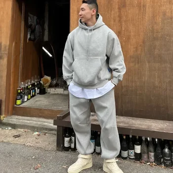 Felpa con cappuccio da uomo autunno inverno velluto set a due pezzi pantaloni sportivi casual larghi oversize americani tuta estetica streetwear 1