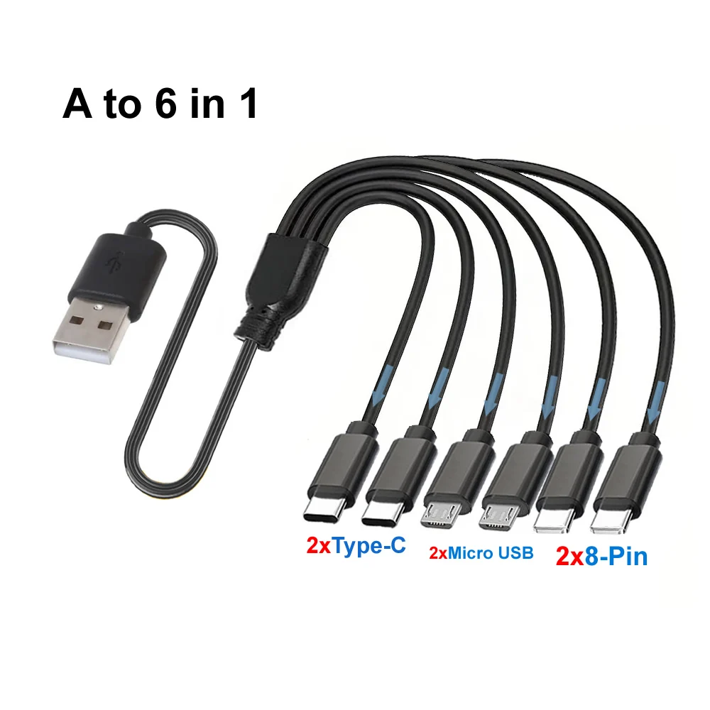 50cm 6-in-1 Universal Multi Charging Cable with USB A/C to 3-in-1 Connectors