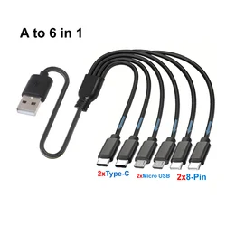 50cm 6 - in - 1 Universal Multi Charging Cable with USB A/C to 3 - in - 1 Connectors (A to 6 in 1 - 50cm)