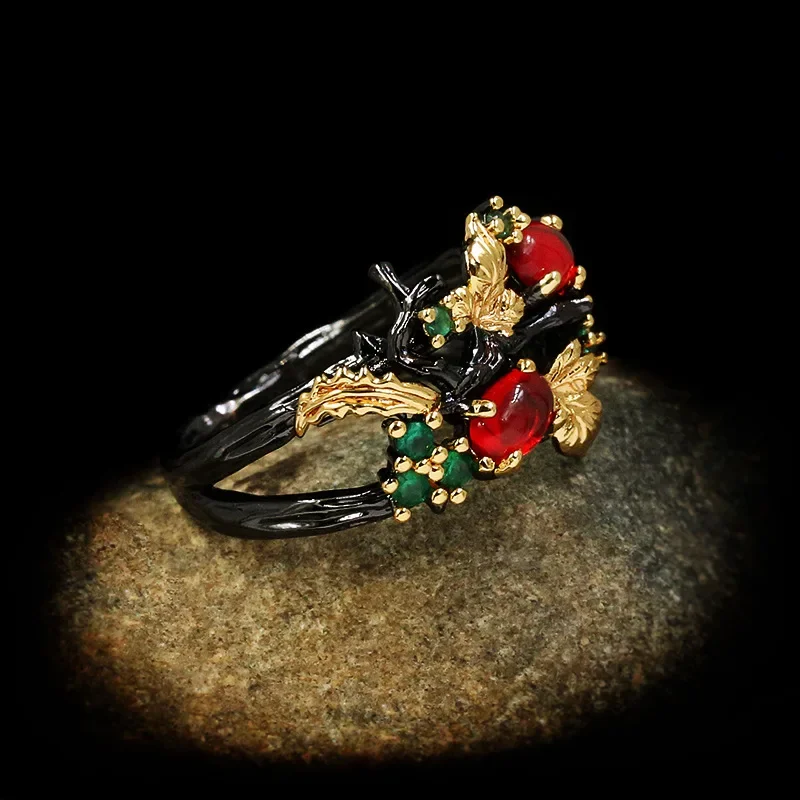 Leaf Flower Color Zircon Ladies Women's Ring Jewelry Black Gold Two-color Red Zircon Ring Ladies golden ring gemstone ring gold rings