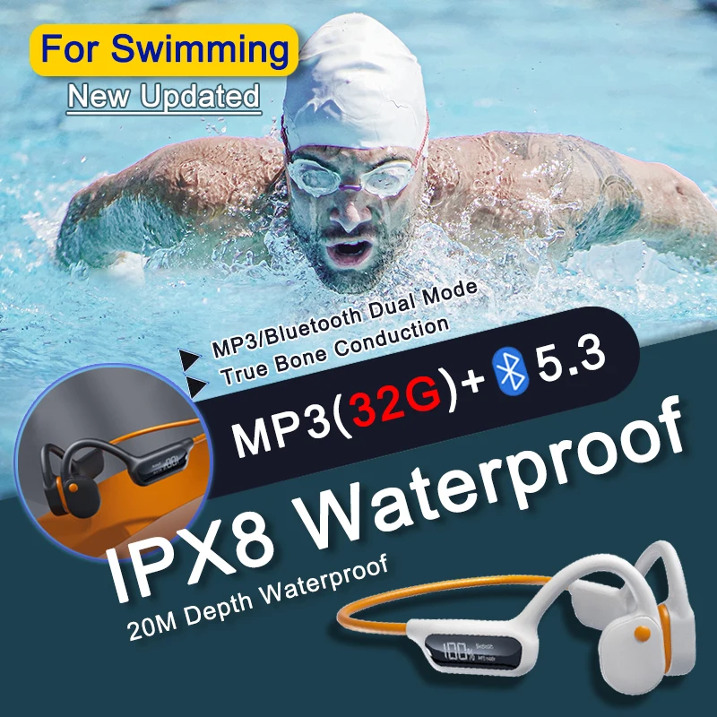 

Bone Conduction Bluetooth5.3 Earphones Wireless IPX8 Waterproof Headset 32GB MP3 Player Swimming Ear-hook With Mic Power Display