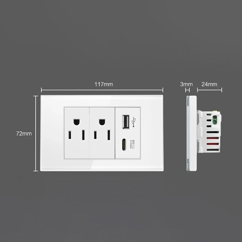 20A Brazil/US/Italy/Chile Plug Wall Sockets USB Type C Pressure Switch Plastic/Tempered Glass Panel Outlets Home Office