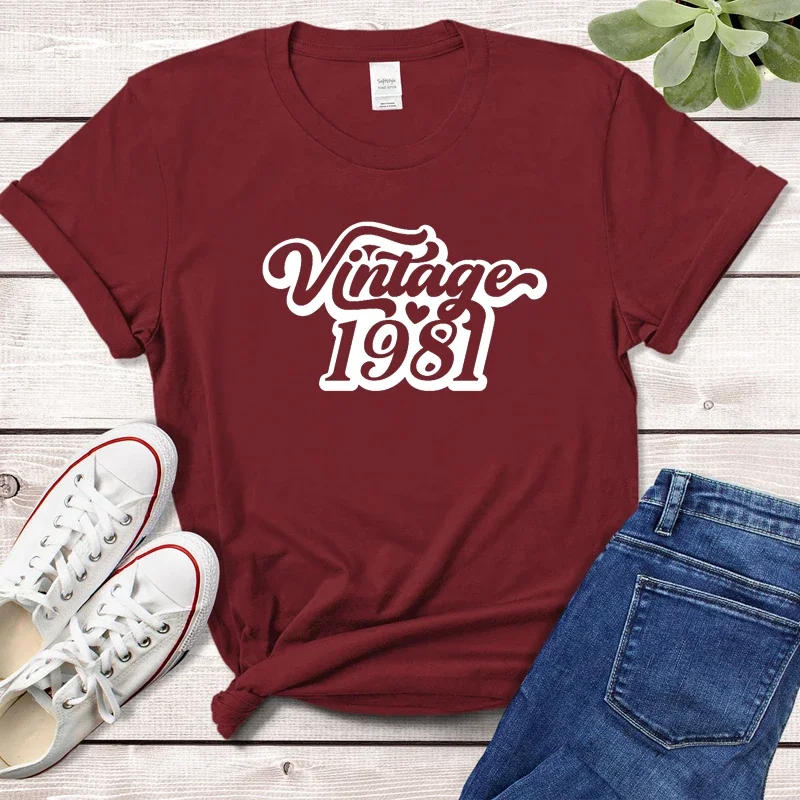

Vintage 1981 43nd 43 Years Old Birthday Women T Shirts Cotton Short Sleeve Party Clothes 80s Grunge Clothes O Neck Outfits